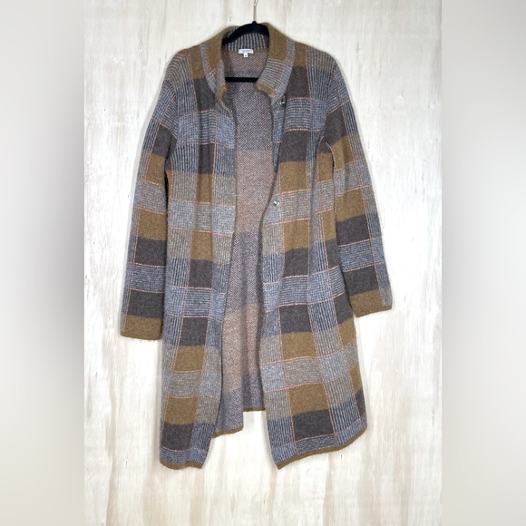 Oriana Metallic Plaid Alpaca Wool Blend Long Sweater Coat Duster Cardigan Sz M - Picture 2 of 11